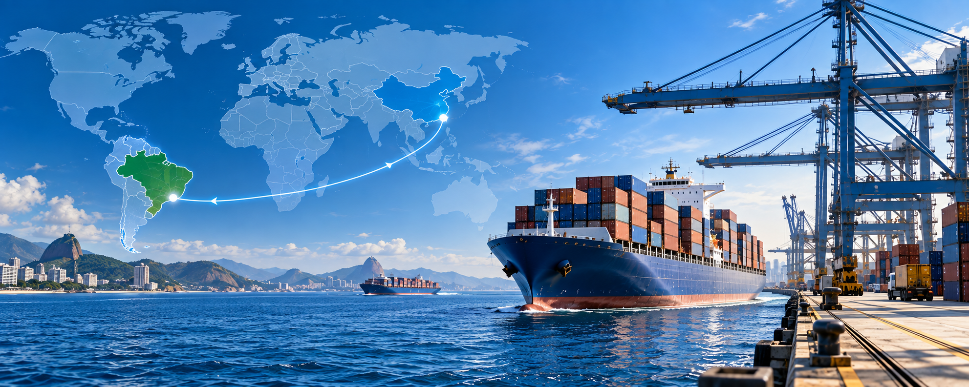 Rota marítima da China ao Brasil sobre o oceano
